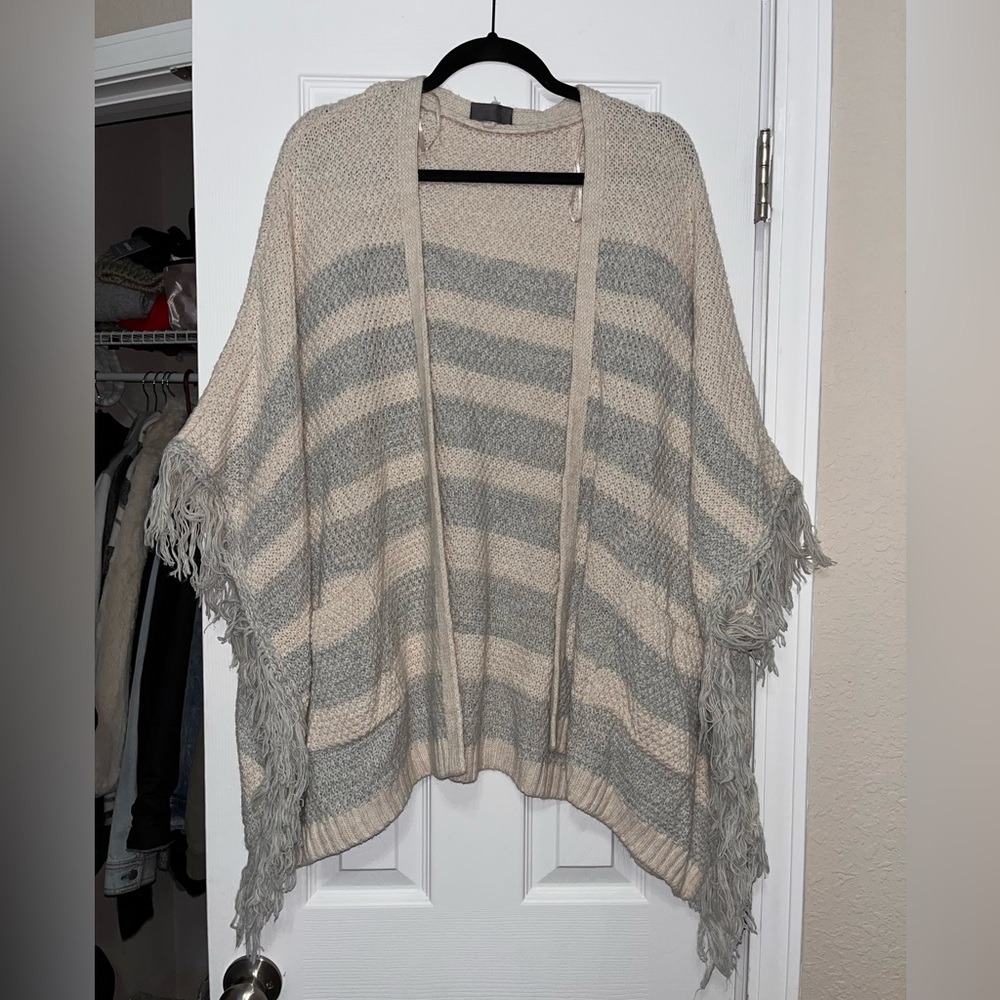 Grey and cream stripped shall with fringe